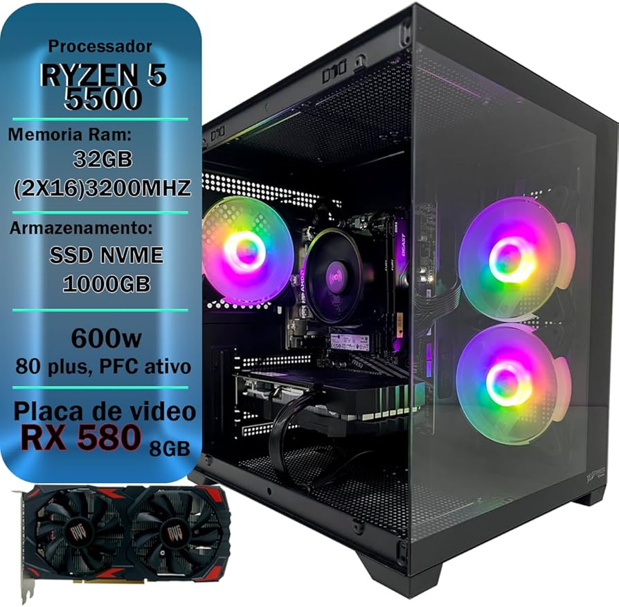 PC GAMER RYZEN 5 5500, 32GB 3200MHZ, SSD M.2 NVME 1TB RX 580